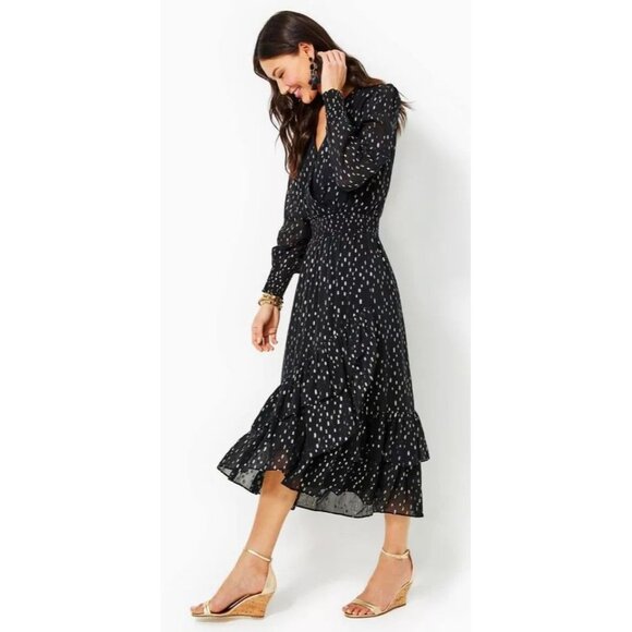 Lilly Pulitzer Cristiana Black Gold Dot Midi Dress Size 2 New With tag - Picture 2 of 8